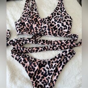 SHEIN Pink and Black Leopard Print Wrap Bikini Set